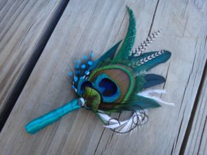 Peacock  boutonniere, button hole, peacock feather, wedding, customize ribbon color to match your wedding colors