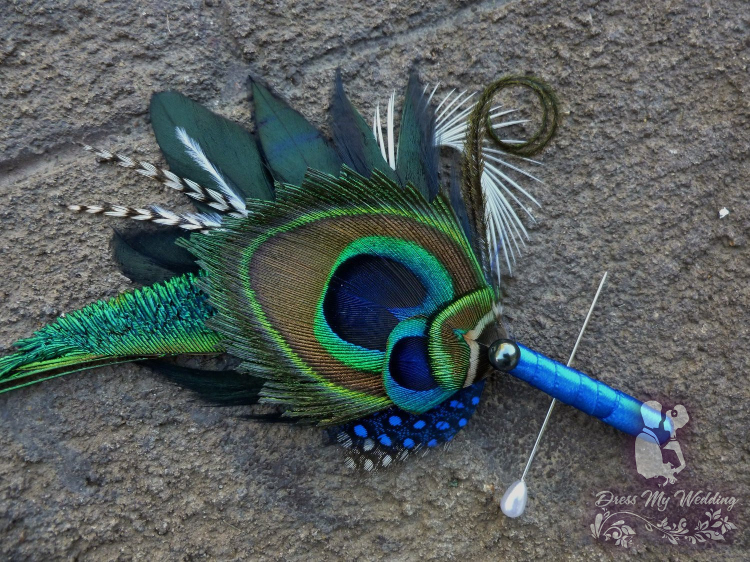 Peacock and Marabou Feather Buttonholes Boutonnieres with Any Colour Ribbon 