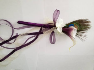Flower girl wand, plum and ivory, white, wand, calla lily wand with peacock feathers