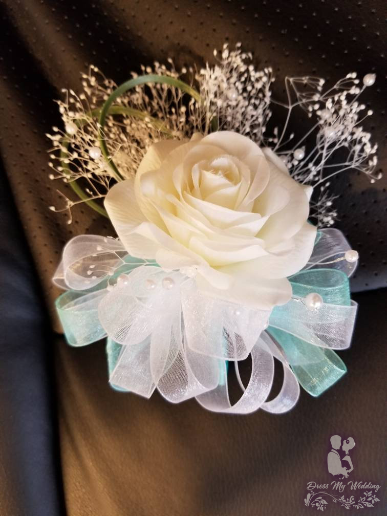 Dress My Wedding – Real touch rose wrsit corsage, wristlet, for prom ... White And Baby Blue Corsage