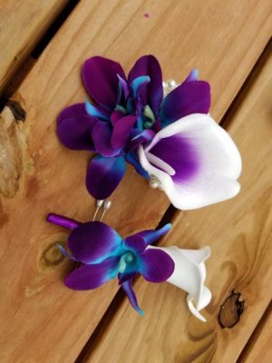 Calla lily and orchid wrist corsage and boutonniere set - Image 2