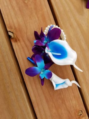Calla lily and orchid wrist corsage and boutonniere set