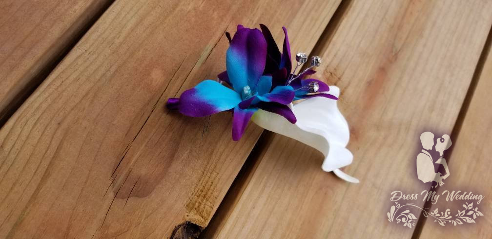 Peacock Purple Blue Turquoise Orchid Calla Lily Corsage or Boutonniere