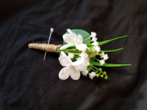Eucalyptus boutonniere, baby's breath, artificial, botton hole, faux flower, lilies of the valley, stephanotis