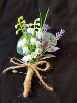 Eucalyptus boutonniere, lavender, artificial, botton hole, faux flower, lilies of the valley