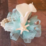 Calla lily wrist corsage, starfish pin on corsage, rhinestone, pearl wristlet