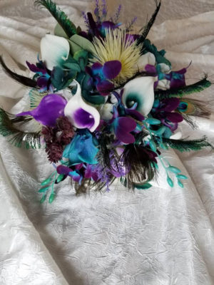 Purple, teal, peacock bridal bouquet - Image 4
