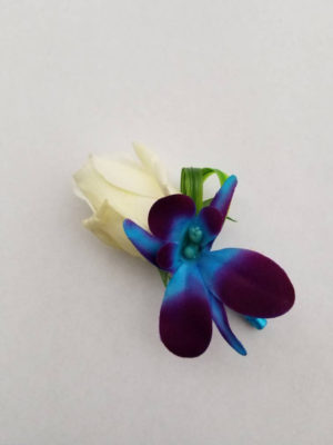 Rose galaxy orchid boutonniere, purple blue orchid boutonniere, rose and orchid boutonniere