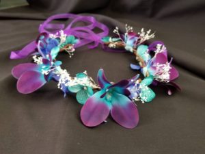 Bridal hair wreath, flower girl crown, galaxy orchid , purple turquoise, girl head accessory, flower wreath - Image 4