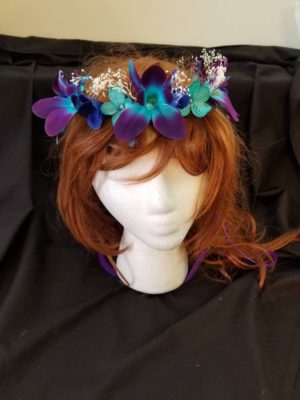 Bridal hair wreath, flower girl crown, galaxy orchid , purple turquoise, girl head accessory, flower wreath - Image 3