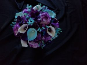 Purple hydrangea, turquoise teal bridal bouquet, Royal purple, galaxy orchids, carnations, artificial flower bouquet - Image 3