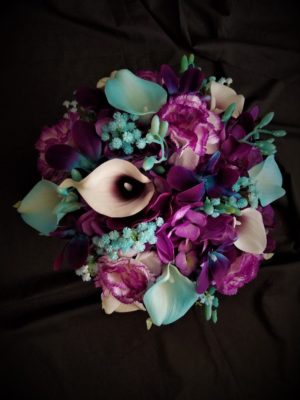 Purple hydrangea, turquoise teal bridal bouquet, Royal purple, galaxy orchids, carnations, artificial flower bouquet - Image 5