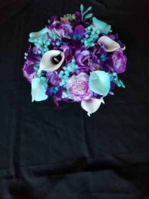 Purple hydrangea, turquoise teal bridal bouquet, Royal purple, galaxy orchids, carnations, artificial flower bouquet
