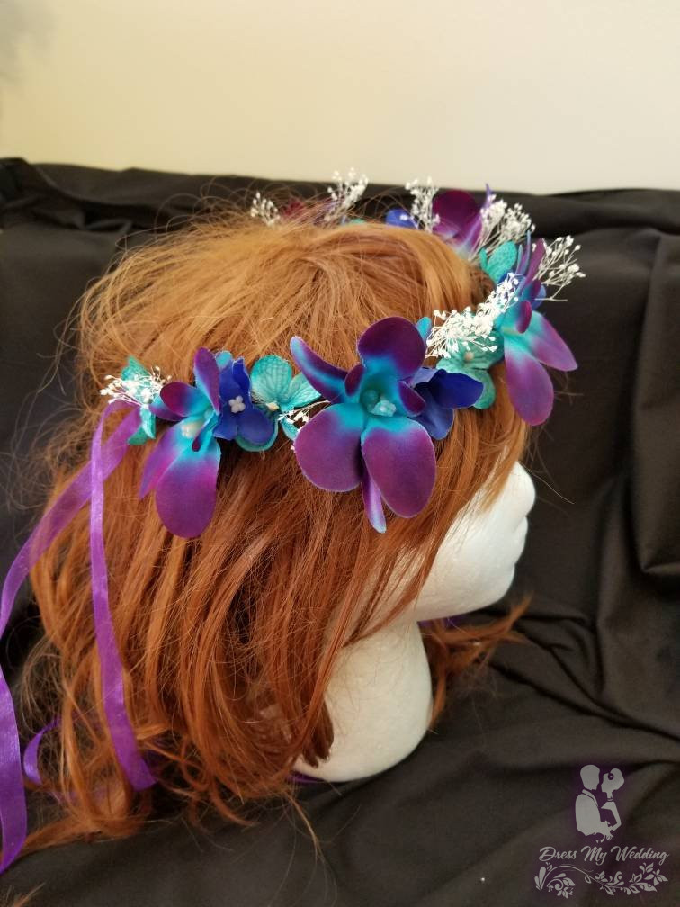 Dress My Wedding – Bridal hair wreath, flower girl crown, galaxy orchid ,  purple turquoise, girl head accessory, flower wreath