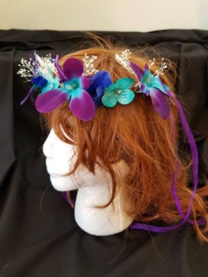 Bridal hair wreath, flower girl crown, galaxy orchid , purple turquoise, girl head accessory, flower wreath - Image 2