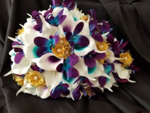 Real touch calla lily, gold, galaxy orchid, purple, teal, orchid bridal bouquet, teardrop bouquet, island orchid, artificial flowers