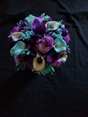 Purple hydrangea, turquoise teal bridal bouquet, Royal purple, galaxy orchids, carnations, artificial flower bouquet - Image 2
