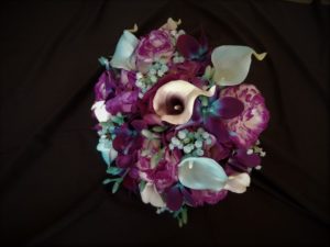 Purple hydrangea, turquoise teal bridal bouquet, Royal purple, galaxy orchids, carnations, artificial flower bouquet - Image 6
