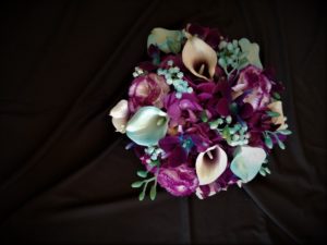 Purple hydrangea, turquoise teal bridal bouquet, Royal purple, galaxy orchids, carnations, artificial flower bouquet - Image 7