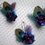 6 bridesmaid's purple- blue flower hair clips,  peacock feathers,  freshwater pearls