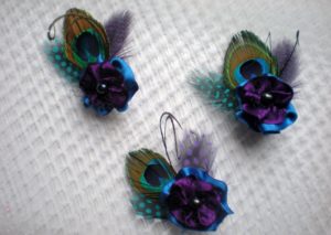 bridesmaid's purple- blue flower hair clips,  peacock feathers,  freshwater pearls
