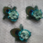 7 bridesmaids teal blue-mint flower hair clips with peacock feathers and teal blue freshwater pearls