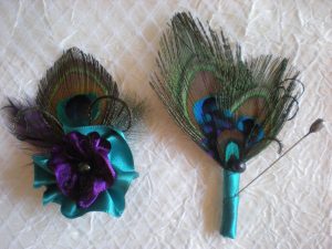 Peacock hair clip and boutonniere set