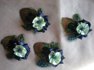 Mint navy blue peacock feather hair clip, with freshwater pearls, bridesmaids, set of 6