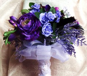 Purple bridal bouquet peacock and ostrich feather accent, SALE, matching grooms boutonniere FREE, - Image 2