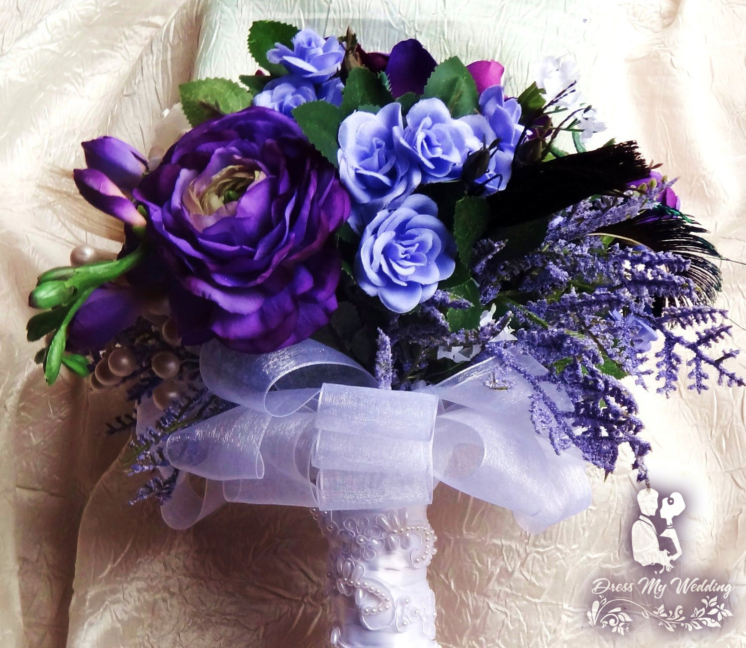 Wedding Bouquet with White Roses and Feather Accents