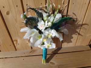 Real touch Calla lily and peacock bridal bouquet, groom's boutonniere, white calla lilies, orchids, peacock feathers, teal satin ribbon
