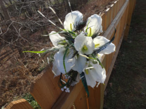 Real touch Calla lily and peacock bridal bouquet, groom's boutonniere, white calla lilies, orchids, peacock feathers, teal satin ribbon - Image 4