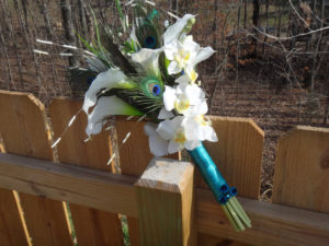 Real touch Calla lily and peacock bridal bouquet, groom's boutonniere, white calla lilies, orchids, peacock feathers, teal satin ribbon - Image 3