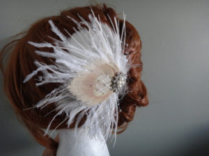 Bridal Ivory, white feather hair piece, champagne peacock feather, pearl rhinestone - Image 4