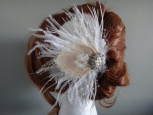 Bridal Ivory, white feather hair piece, champagne peacock feather, pearl rhinestone