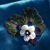 Bridal ivory peacock feather hair piece, ivory purple satin flower accented with ivory freshwater pearl - Image 2
