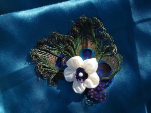 Bridal ivory peacock feather hair piece, ivory purple satin flower accented with ivory freshwater pearl - Image 2