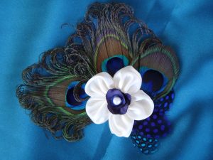 Bridal ivory peacock feather hair piece, ivory purple satin flower accented with ivory freshwater pearl