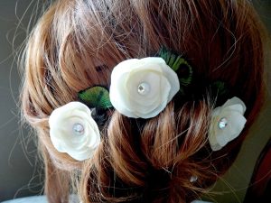 Bridal hair pieces, set of 3, "Rose" Swarovski crystal, peacock feathers