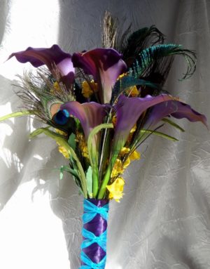 Plum and yellow calla lily bridal bouquet, peacock feathers, orchids, plum wedding bouquet, eggplant purple - Image 3