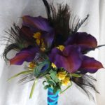 Plum and yellow calla lily bridal bouquet, peacock feathers, orchids, plum wedding bouquet, eggplant purple