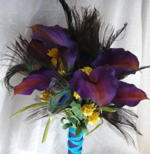 Plum and yellow calla lily bridal bouquet, peacock feathers, orchids, plum wedding bouquet, eggplant purple