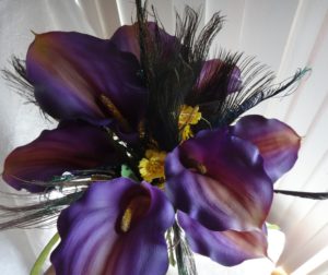 Plum and yellow calla lily bridal bouquet, peacock feathers, orchids, plum wedding bouquet, eggplant purple - Image 2