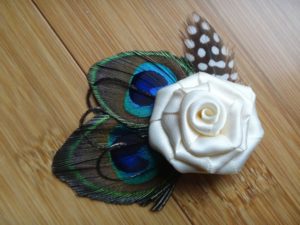 Satin rose hair pieces with peacock feathers, Customize with your wedding colors