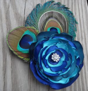 Peacock feather hair clip, teal, king blue, turquoise satin flower with rhinestone accent - Image 3