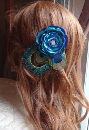 Peacock feather hair clip, teal, king blue, turquoise satin flower with rhinestone accent - Image 4
