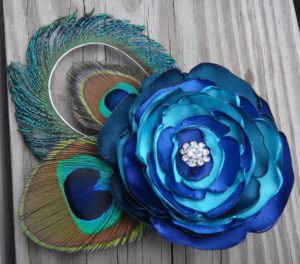 Peacock feather hair clip, teal, king blue, turquoise satin flower with rhinestone accent - Image 2