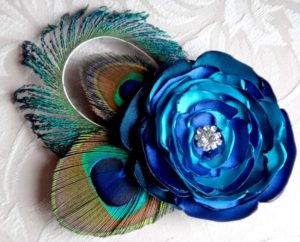 Peacock feather hair clip, teal, king blue, turquoise satin flower with rhinestone accent