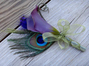 Purple calla lily peacock corsages, Customizable, real touch calla boutonniere