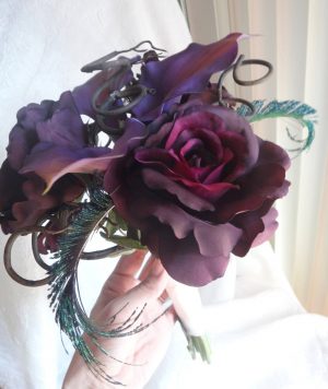 Purple bridal bouquet, toss bouquet, bridesmaid's bouquet with peacock accent - Image 2
